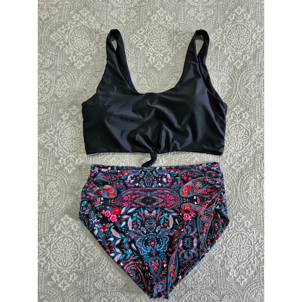 Zaful Black Tie Front Scoop Neck Top and Paisley High Waisted Bikini Set XL